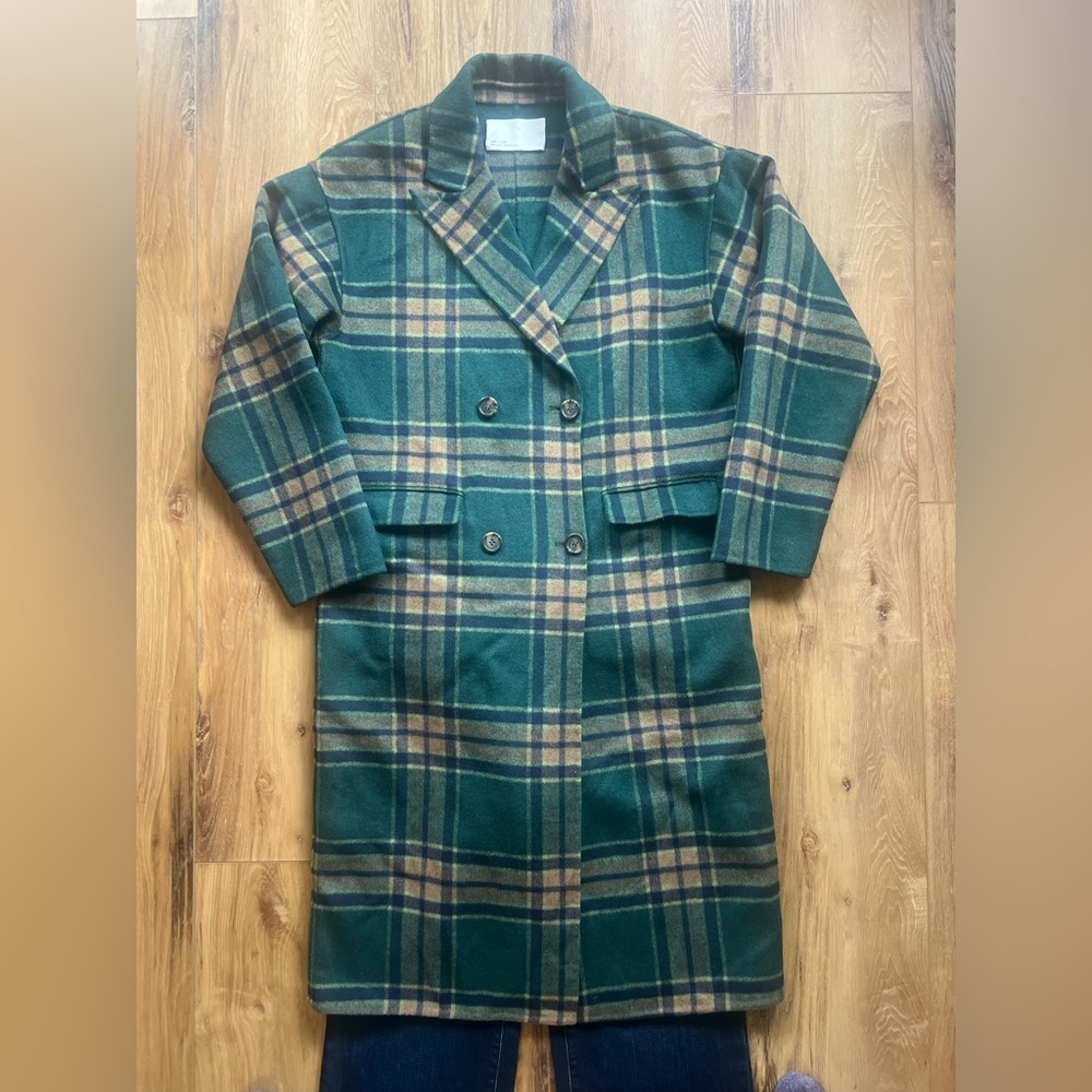 Oak + Fort Green Navy Brown Plaid Wool Blend Double Breasted Coat Jacket S/M
